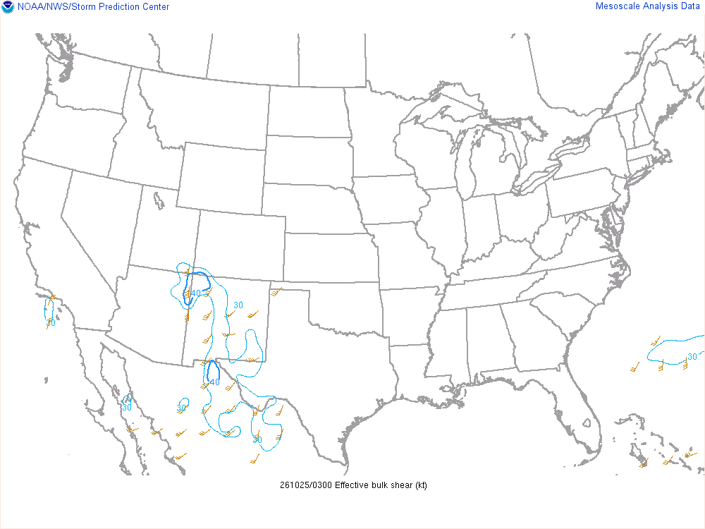 SPC mesoanalysis map, Effective bulk shear, lower 48, analysis for 04Z. Its key and units are in SPC’s picture; what it shows is described beside it.