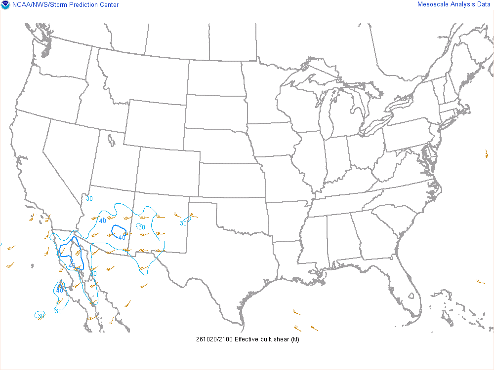 SPC mesoanalysis map, Effective bulk shear, lower 48, analysis for 22Z. Its key and units are in SPC’s picture; what it shows is described beside it.