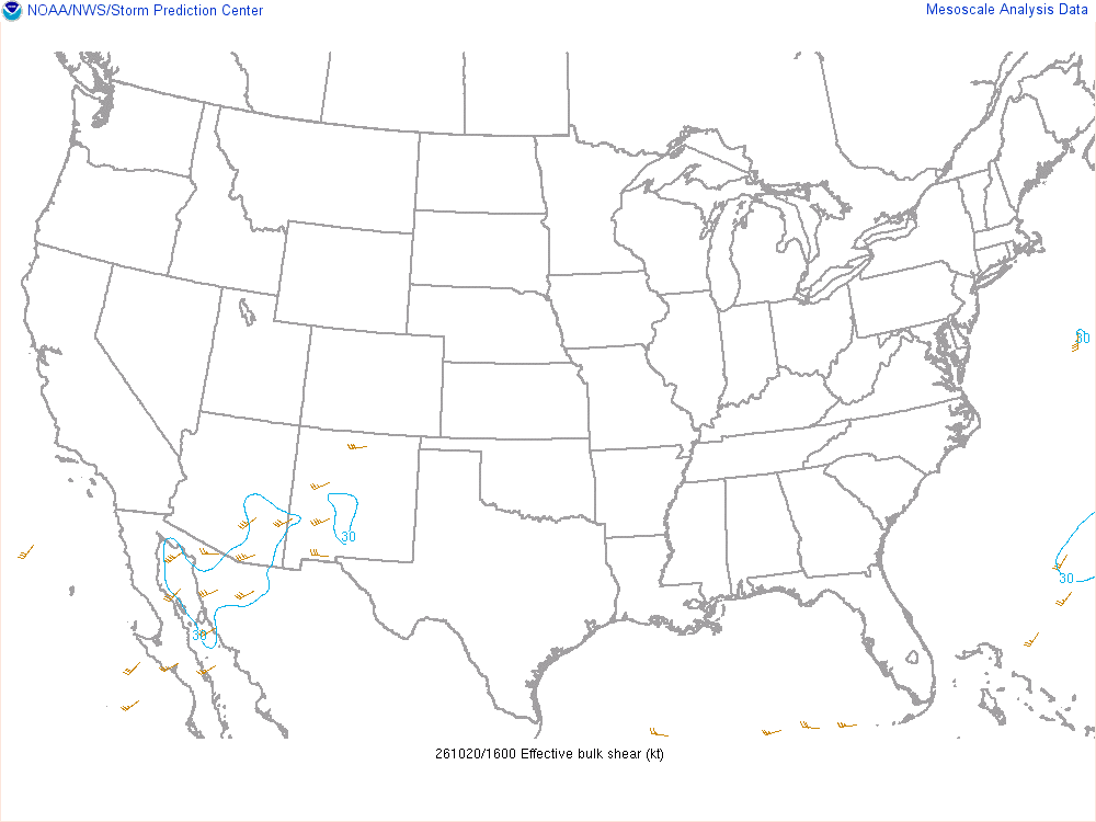 SPC mesoanalysis map, Effective bulk shear, lower 48, analysis for 17Z. Its key and units are in SPC’s picture; what it shows is described beside it.