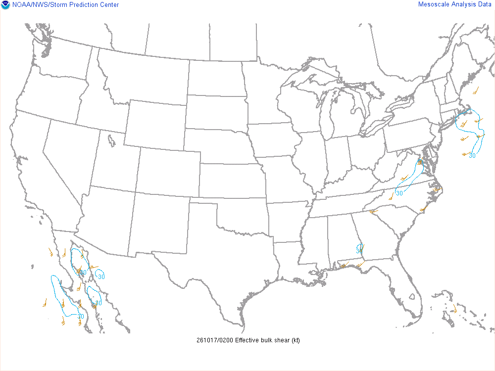 SPC mesoanalysis map, Effective bulk shear, lower 48, analysis for 02Z. Its key and units are in SPC’s picture; what it shows is described beside it.