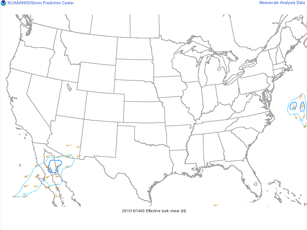 SPC mesoanalysis map, Effective bulk shear, lower 48, analysis for 14Z. Its key and units are in SPC’s picture; what it shows is described beside it.