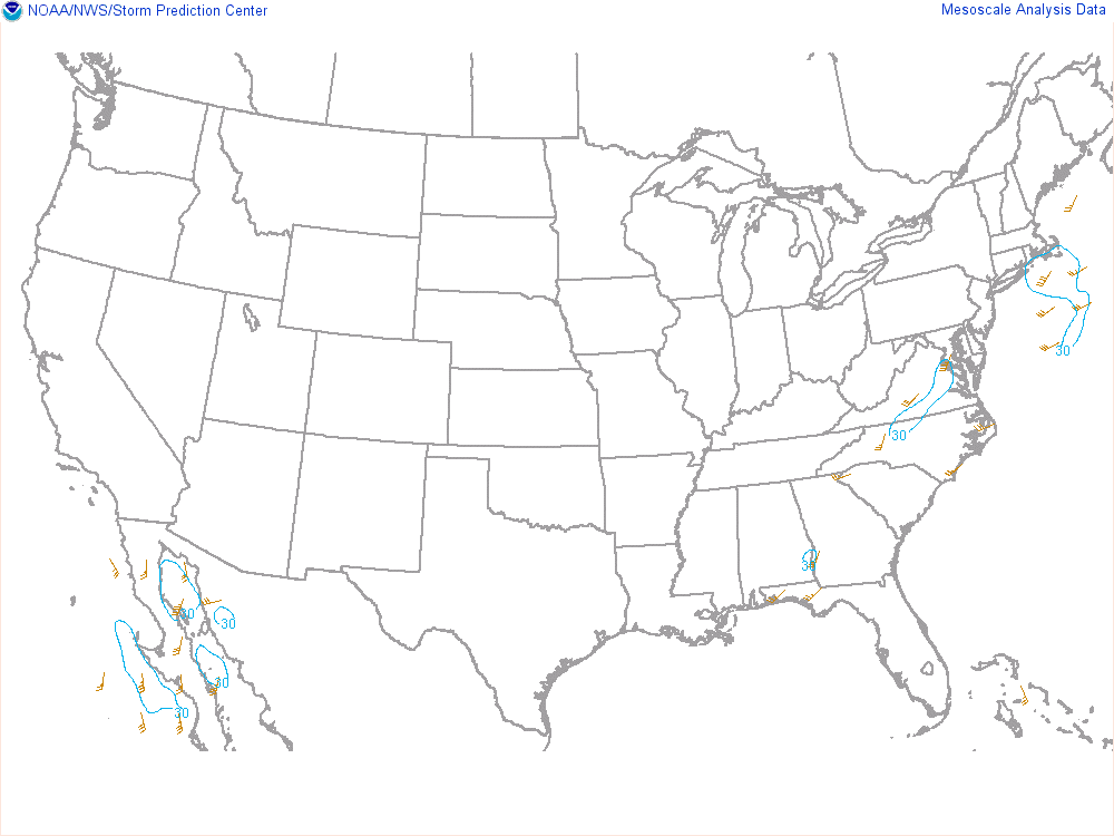 SPC mesoanalysis map, Effective bulk shear, lower 48, analysis for 03Z. Its key and units are in SPC’s picture; what it shows is described beside it.