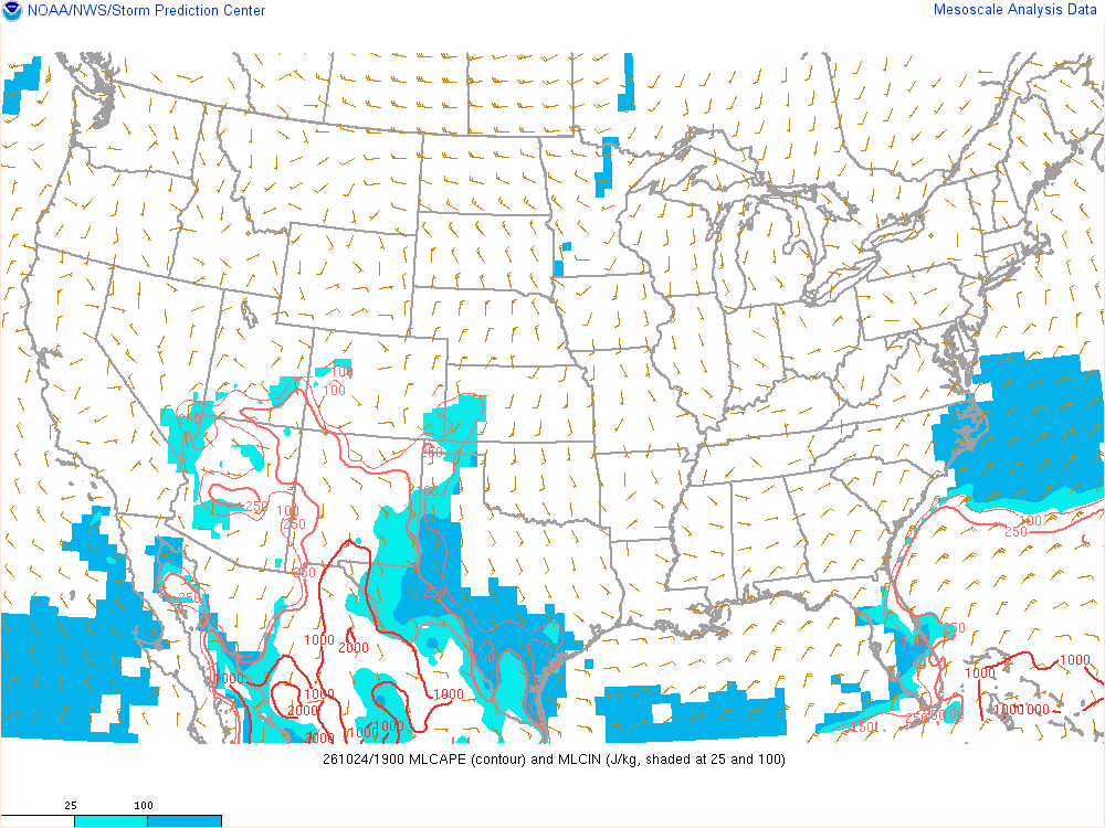 SPC mesoanalysis map, Mixed-layer CAPE and CIN, lower 48, analysis for 20Z. Its key and units are in SPC’s picture; what it shows is described beside it.