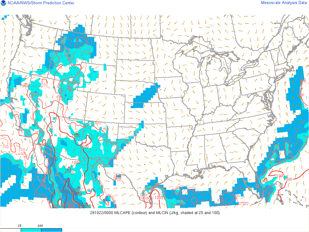 SPC mesoanalysis map, Mixed-layer CAPE and CIN, lower 48, analysis for 01Z. Its key and units are in SPC’s picture; what it shows is described beside it.