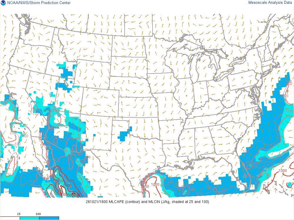 SPC mesoanalysis map, Mixed-layer CAPE and CIN, lower 48, analysis for 16Z. Its key and units are in SPC’s picture; what it shows is described beside it.