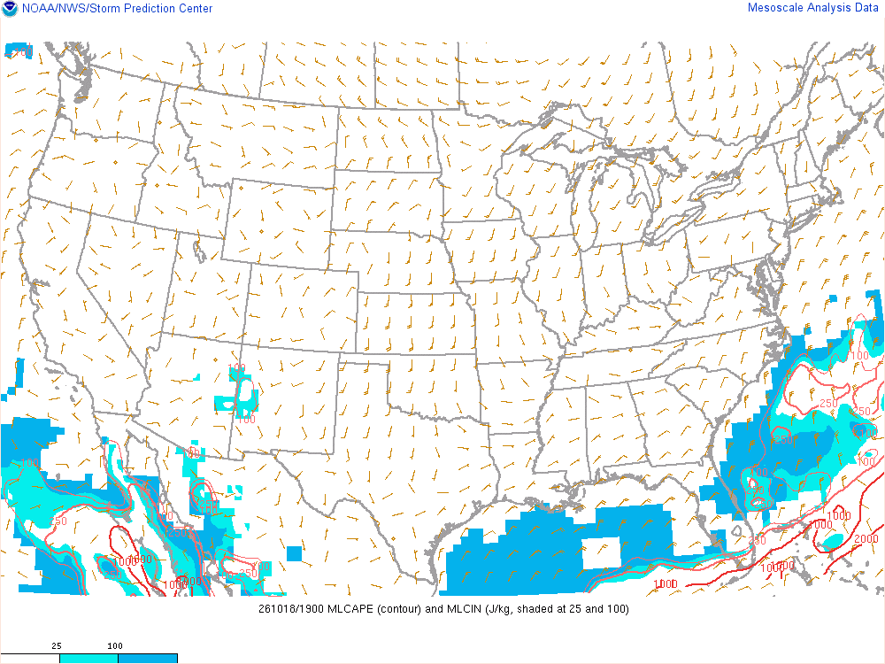 SPC mesoanalysis map, Mixed-layer CAPE and CIN, lower 48, analysis for 20Z. Its key and units are in SPC’s picture; what it shows is described beside it.