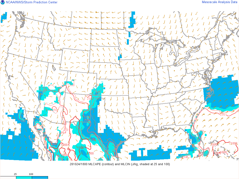 SPC mesoanalysis map, Mixed-layer CAPE and CIN, lower 48, analysis for 19Z. Its key and units are in SPC’s picture; what it shows is described beside it.