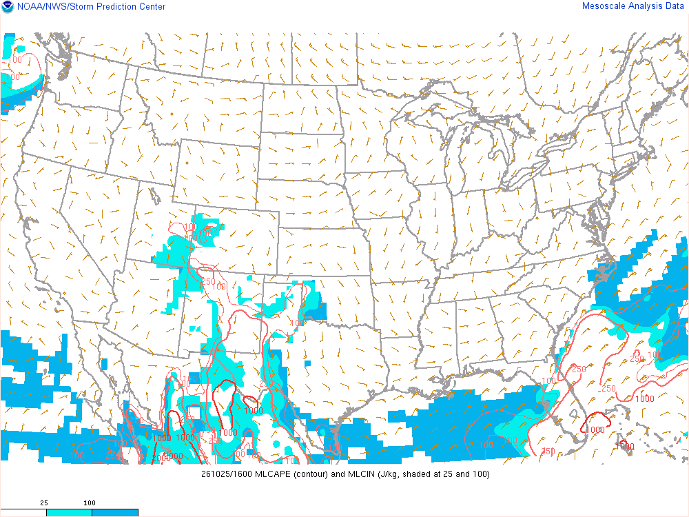 SPC mesoanalysis map, Mixed-layer CAPE and CIN, lower 48, analysis for 17Z. Its key and units are in SPC’s picture; what it shows is described beside it.