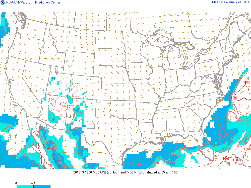 SPC mesoanalysis map, Mixed-layer CAPE and CIN, lower 48, analysis for 20Z. Its key and units are in SPC’s picture; what it shows is described beside it.