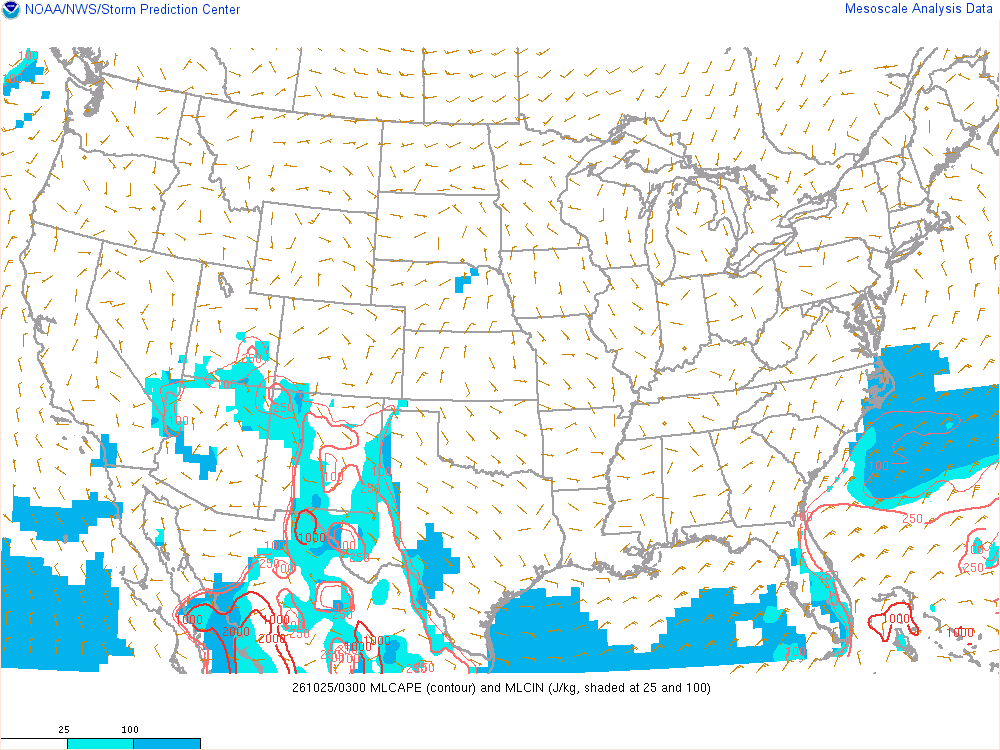 SPC mesoanalysis map, Mixed-layer CAPE and CIN, lower 48, analysis for 04Z. Its key and units are in SPC’s picture; what it shows is described beside it.