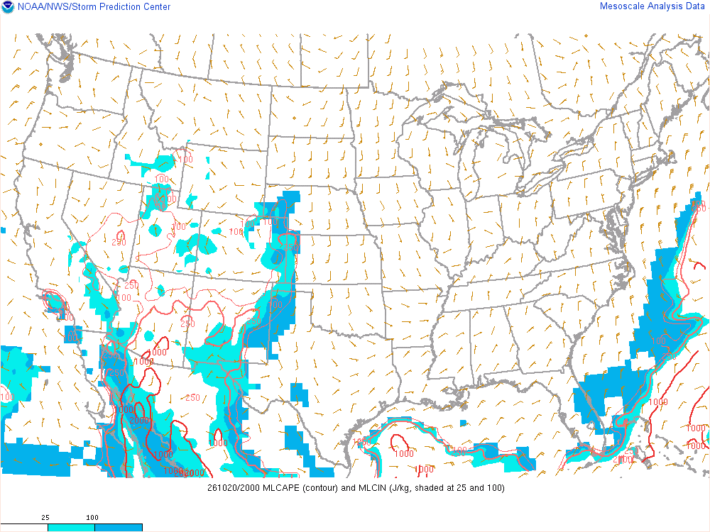 SPC mesoanalysis map, Mixed-layer CAPE and CIN, lower 48, analysis for 21Z. Its key and units are in SPC’s picture; what it shows is described beside it.