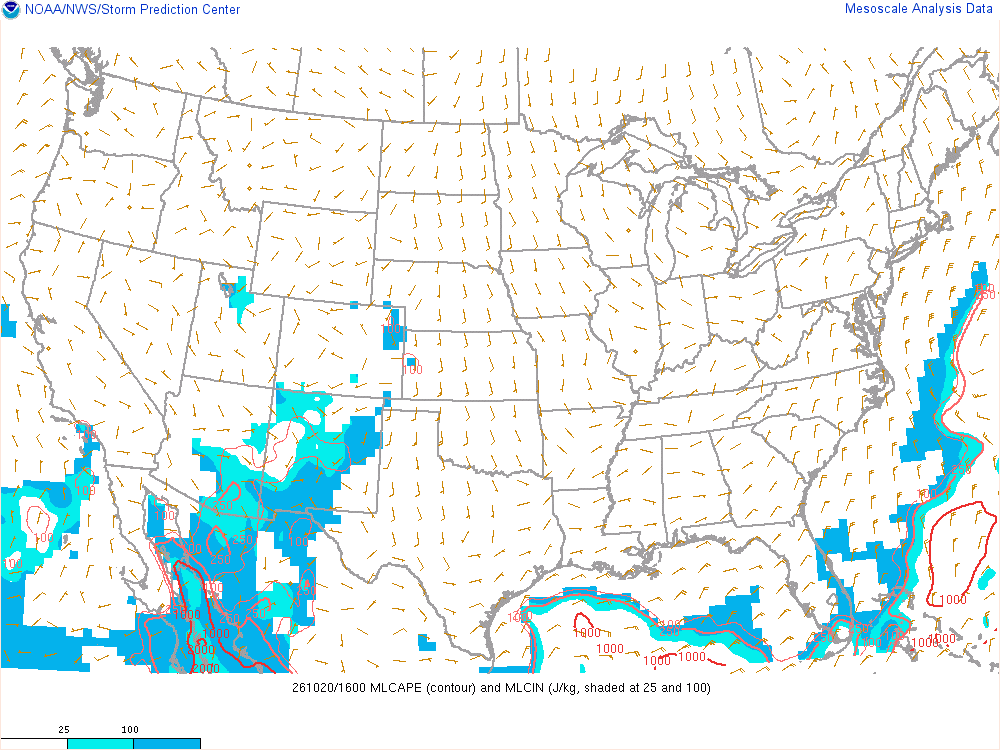 SPC mesoanalysis map, Mixed-layer CAPE and CIN, lower 48, analysis for 17Z. Its key and units are in SPC’s picture; what it shows is described beside it.