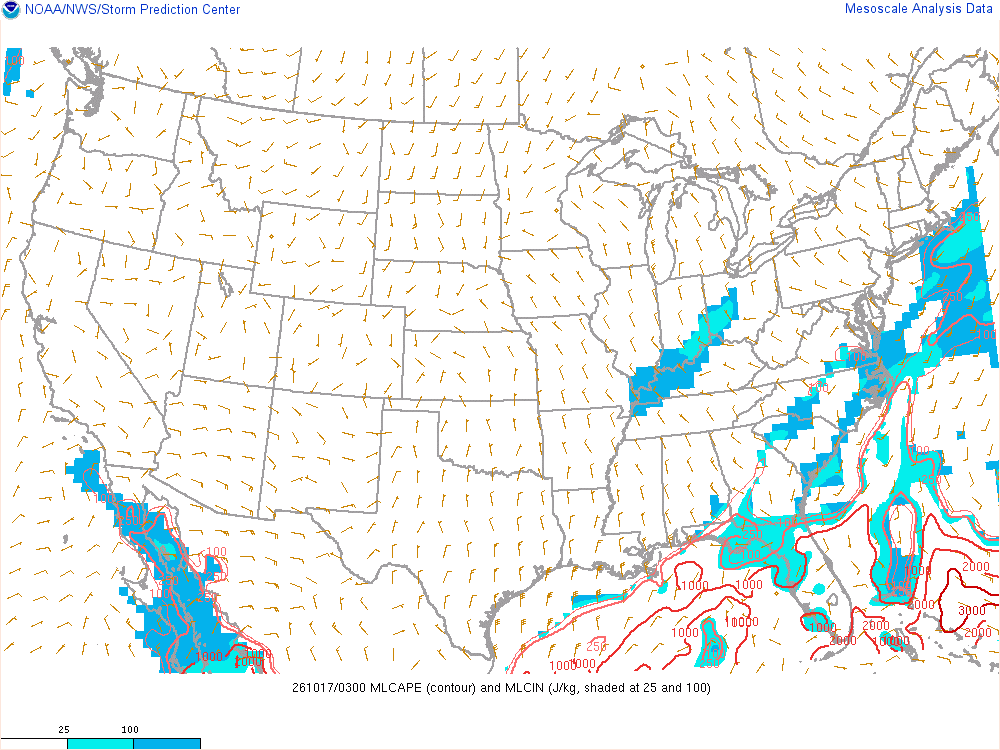 SPC mesoanalysis map, Mixed-layer CAPE and CIN, lower 48, analysis for 04Z. Its key and units are in SPC’s picture; what it shows is described beside it.