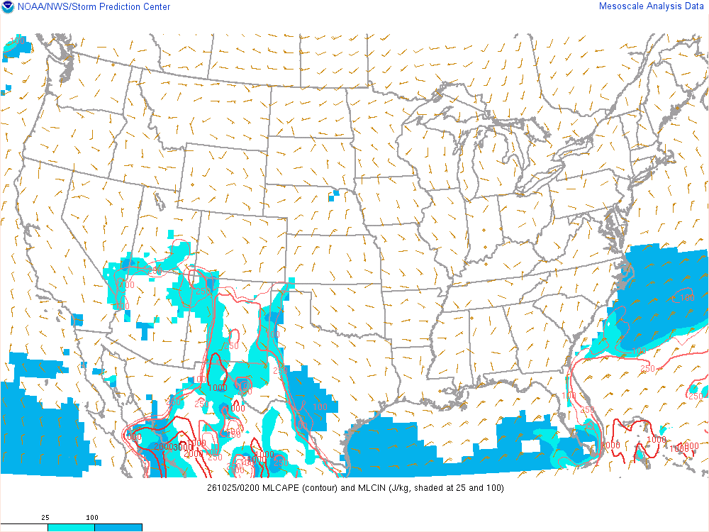 SPC mesoanalysis map, Mixed-layer CAPE and CIN, lower 48, analysis for 02Z. Its key and units are in SPC’s picture; what it shows is described beside it.