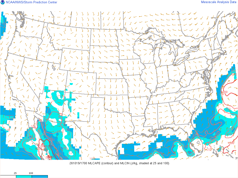 SPC mesoanalysis map, Mixed-layer CAPE and CIN, lower 48, analysis for 18Z. Its key and units are in SPC’s picture; what it shows is described beside it.