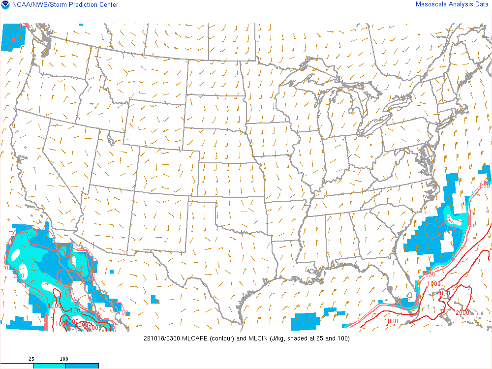 SPC mesoanalysis map, Mixed-layer CAPE and CIN, lower 48, analysis for 04Z. Its key and units are in SPC’s picture; what it shows is described beside it.