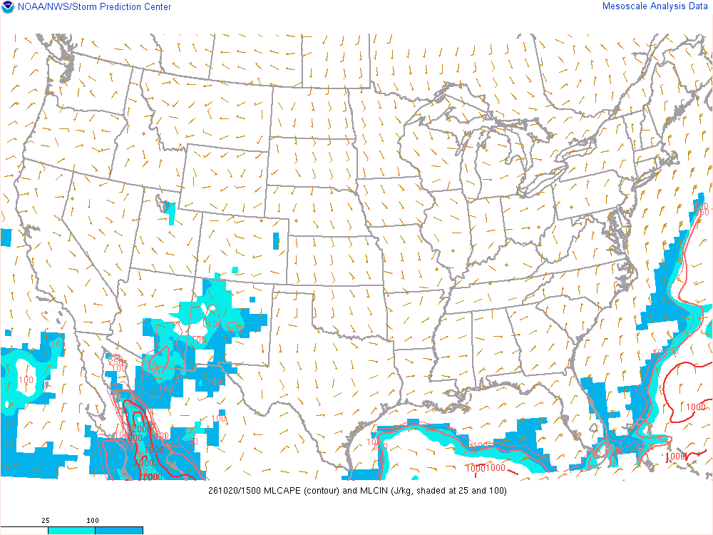 SPC mesoanalysis map, Mixed-layer CAPE and CIN, lower 48, analysis for 16Z. Its key and units are in SPC’s picture; what it shows is described beside it.