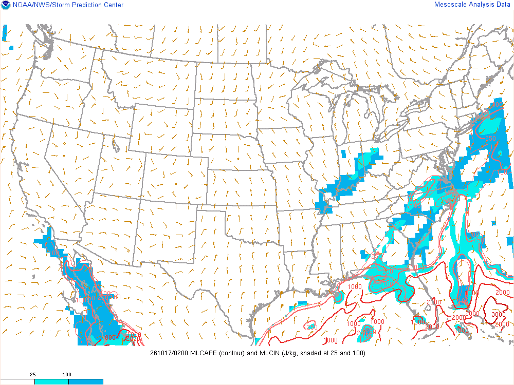 SPC mesoanalysis map, Mixed-layer CAPE and CIN, lower 48, analysis for 02Z. Its key and units are in SPC’s picture; what it shows is described beside it.
