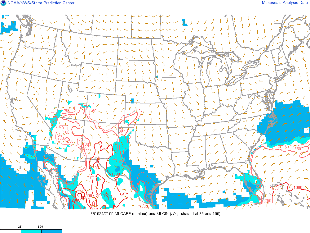 SPC mesoanalysis map, Mixed-layer CAPE and CIN, lower 48, analysis for 22Z. Its key and units are in SPC’s picture; what it shows is described beside it.