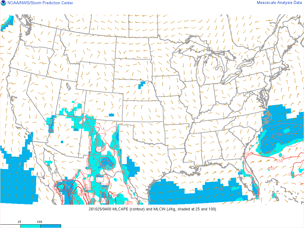 SPC mesoanalysis map, Mixed-layer CAPE and CIN, lower 48, analysis for 05Z. Its key and units are in SPC’s picture; what it shows is described beside it.