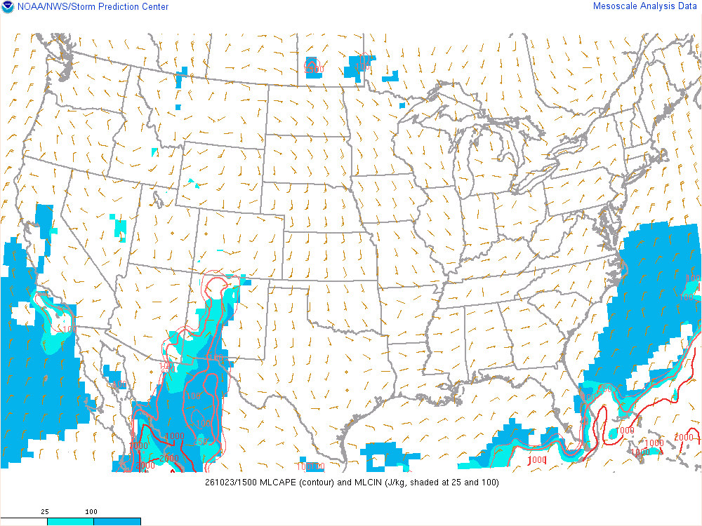 SPC mesoanalysis map, Mixed-layer CAPE and CIN, lower 48, analysis for 16Z. Its key and units are in SPC’s picture; what it shows is described beside it.