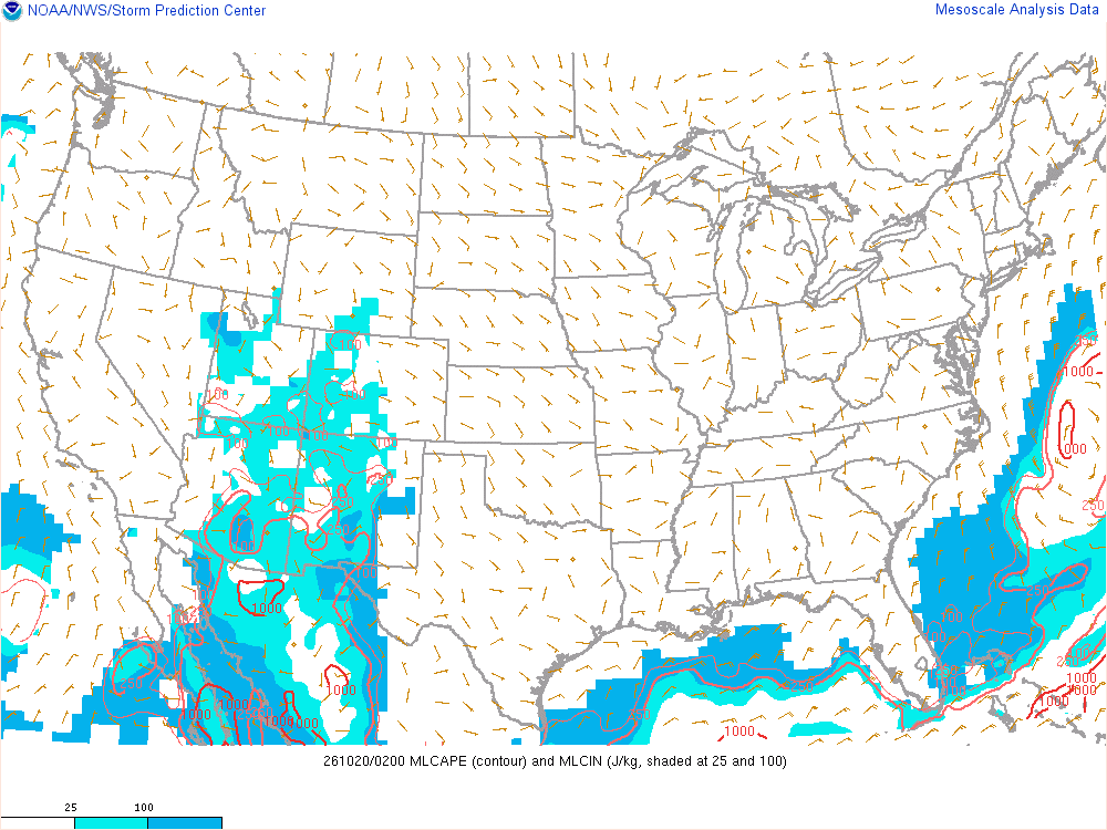 SPC mesoanalysis map, Mixed-layer CAPE and CIN, lower 48, analysis for 02Z. Its key and units are in SPC’s picture; what it shows is described beside it.
