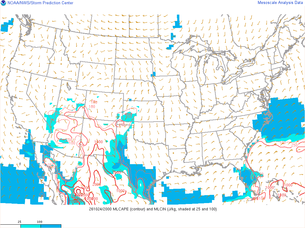SPC mesoanalysis map, Mixed-layer CAPE and CIN, lower 48, analysis for 21Z. Its key and units are in SPC’s picture; what it shows is described beside it.