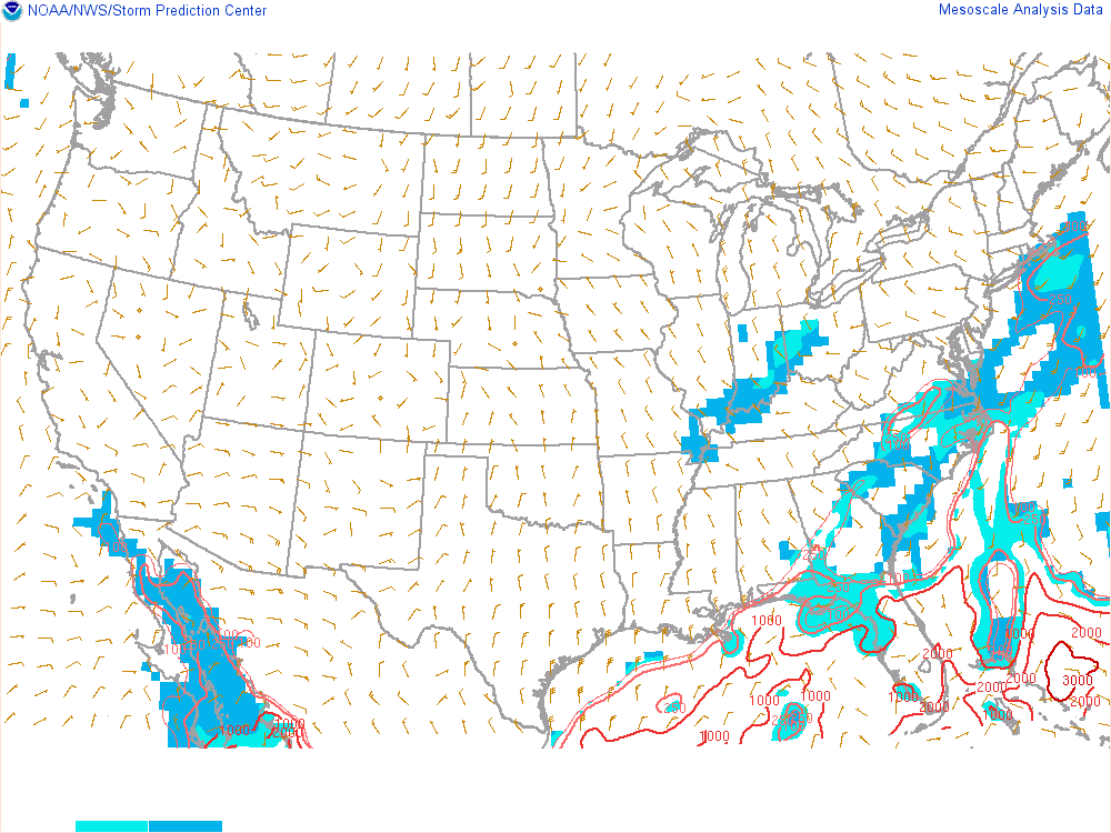 SPC mesoanalysis map, Mixed-layer CAPE and CIN, lower 48, analysis for 03Z. Its key and units are in SPC’s picture; what it shows is described beside it.