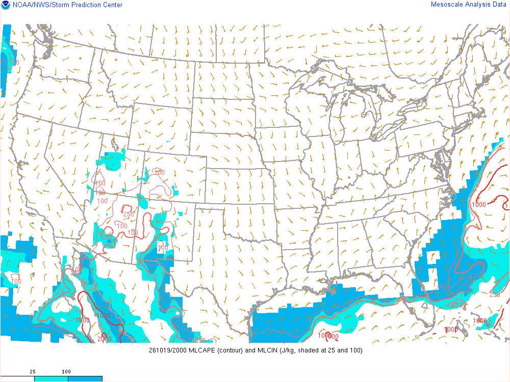 SPC mesoanalysis map, Mixed-layer CAPE and CIN, lower 48, analysis for 21Z. Its key and units are in SPC’s picture; what it shows is described beside it.