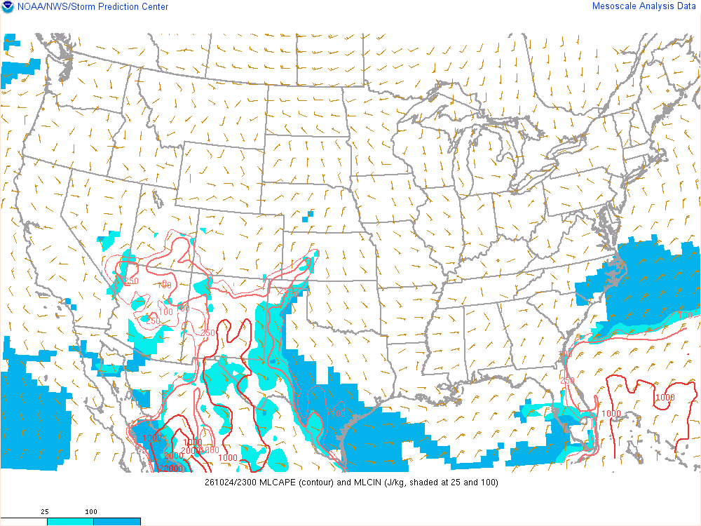 SPC mesoanalysis map, Mixed-layer CAPE and CIN, lower 48, analysis for 00Z. Its key and units are in SPC’s picture; what it shows is described beside it.