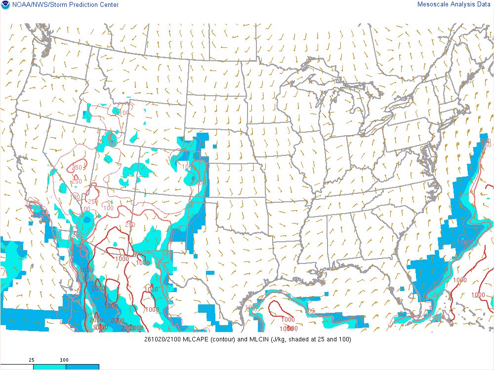 SPC mesoanalysis map, Mixed-layer CAPE and CIN, lower 48, analysis for 22Z. Its key and units are in SPC’s picture; what it shows is described beside it.