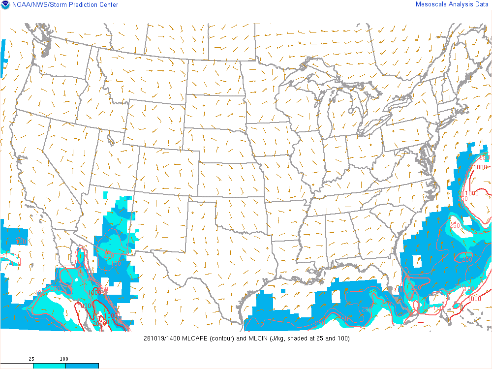 SPC mesoanalysis map, Mixed-layer CAPE and CIN, lower 48, analysis for 14Z. Its key and units are in SPC’s picture; what it shows is described beside it.