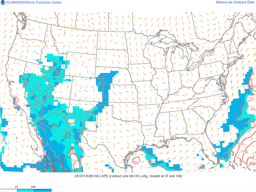 SPC mesoanalysis map, Mixed-layer CAPE and CIN, lower 48, analysis for 04Z. Its key and units are in SPC’s picture; what it shows is described beside it.