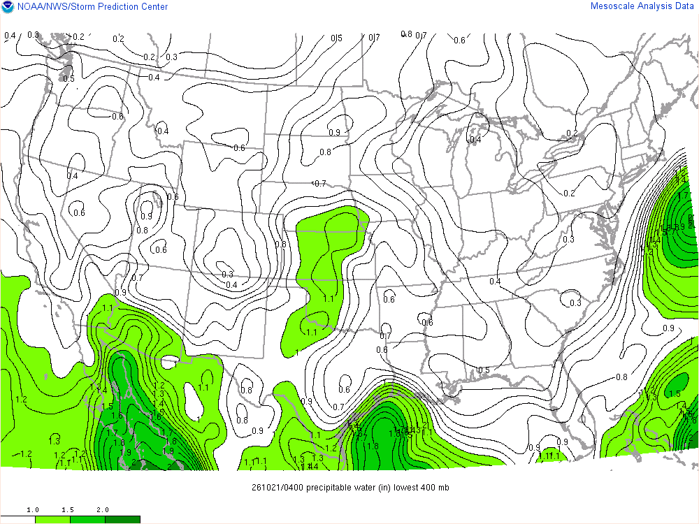 SPC mesoanalysis map, Precipitable water, lower 48, analysis for 04Z. Its key and units are in SPC’s picture; what it shows is described beside it.