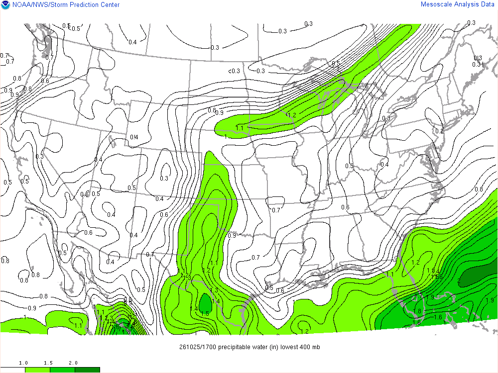 SPC mesoanalysis map, Precipitable water, lower 48, analysis for 17Z. Its key and units are in SPC’s picture; what it shows is described beside it.