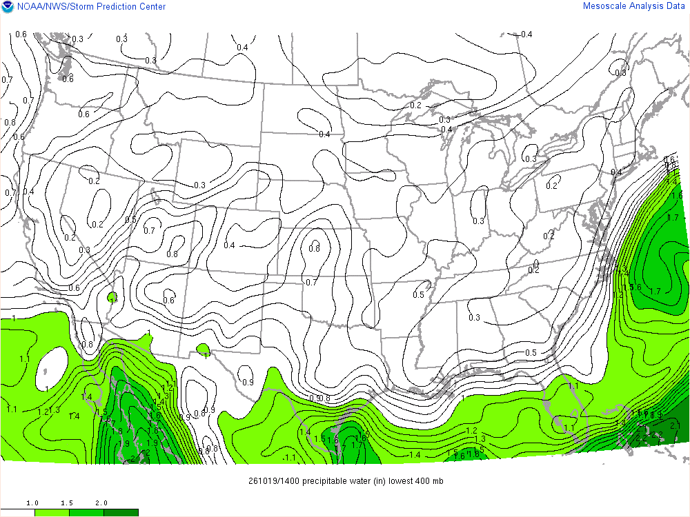 SPC mesoanalysis map, Precipitable water, lower 48, analysis for 14Z. Its key and units are in SPC’s picture; what it shows is described beside it.