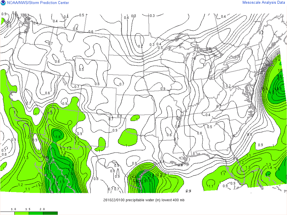 SPC mesoanalysis map, Precipitable water, lower 48, analysis for 01Z. Its key and units are in SPC’s picture; what it shows is described beside it.