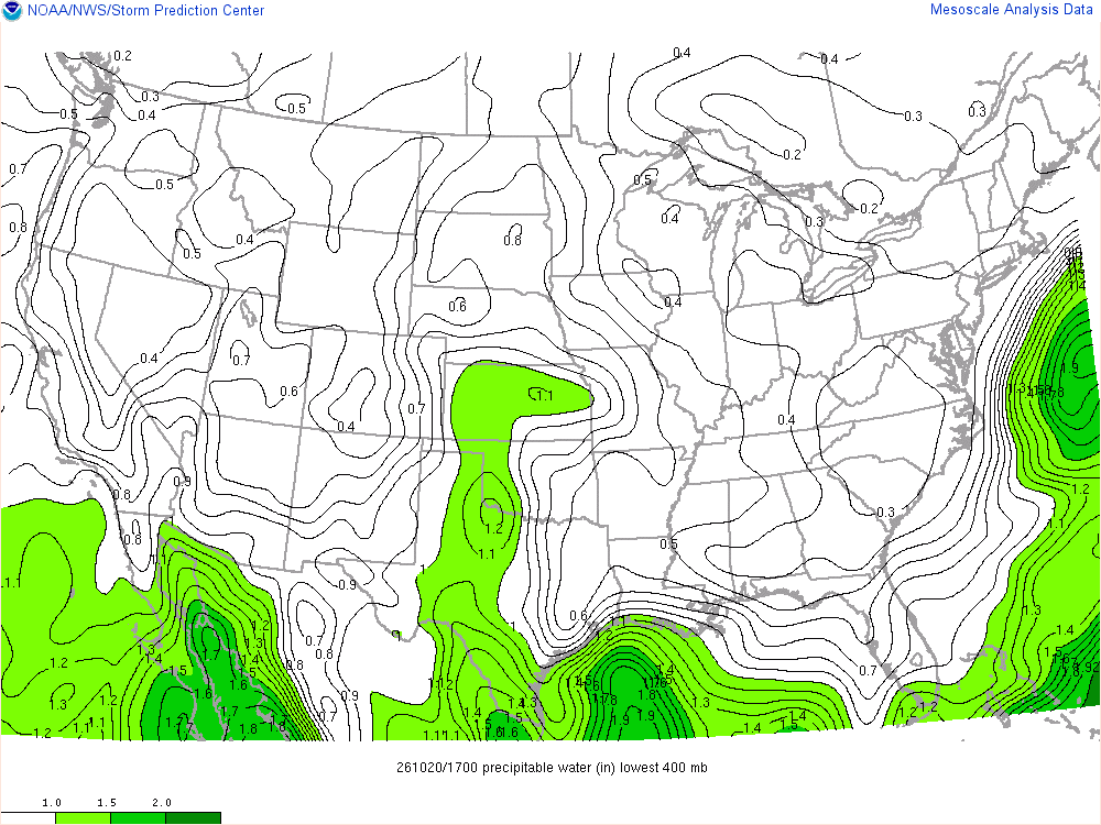 SPC mesoanalysis map, Precipitable water, lower 48, analysis for 17Z. Its key and units are in SPC’s picture; what it shows is described beside it.