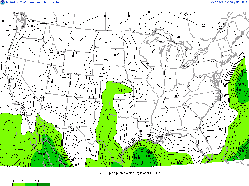 SPC mesoanalysis map, Precipitable water, lower 48, analysis for 16Z. Its key and units are in SPC’s picture; what it shows is described beside it.