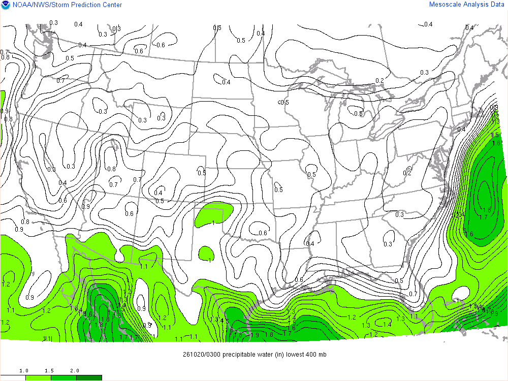 SPC mesoanalysis map, Precipitable water, lower 48, analysis for 03Z. Its key and units are in SPC’s picture; what it shows is described beside it.
