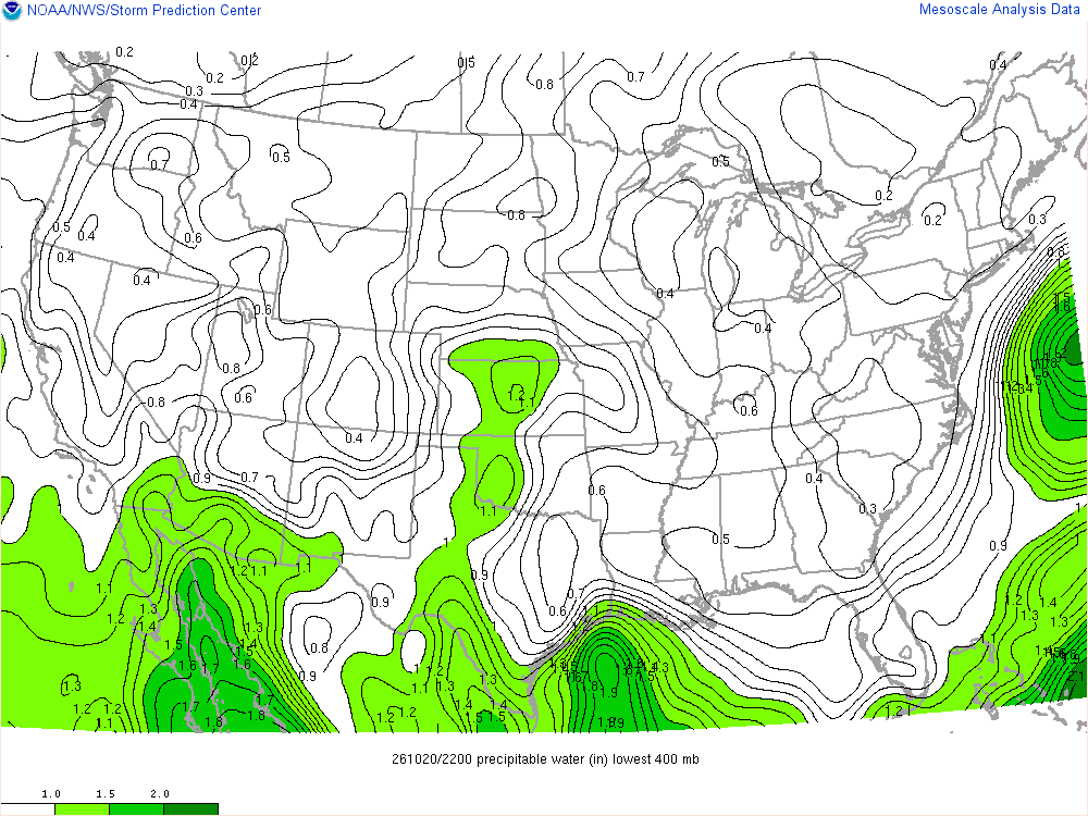 SPC mesoanalysis map, Precipitable water, lower 48, analysis for 22Z. Its key and units are in SPC’s picture; what it shows is described beside it.