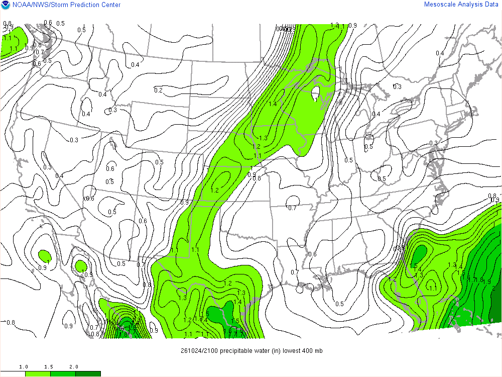 SPC mesoanalysis map, Precipitable water, lower 48, analysis for 21Z. Its key and units are in SPC’s picture; what it shows is described beside it.