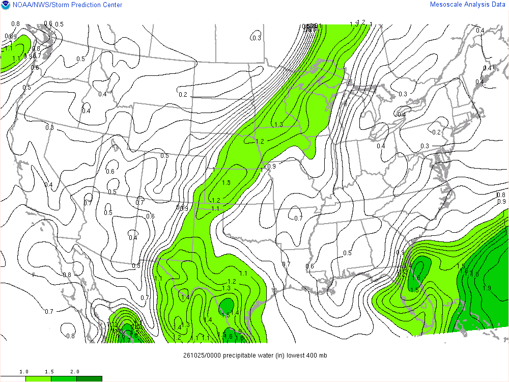 SPC mesoanalysis map, Precipitable water, lower 48, analysis for 00Z. Its key and units are in SPC’s picture; what it shows is described beside it.
