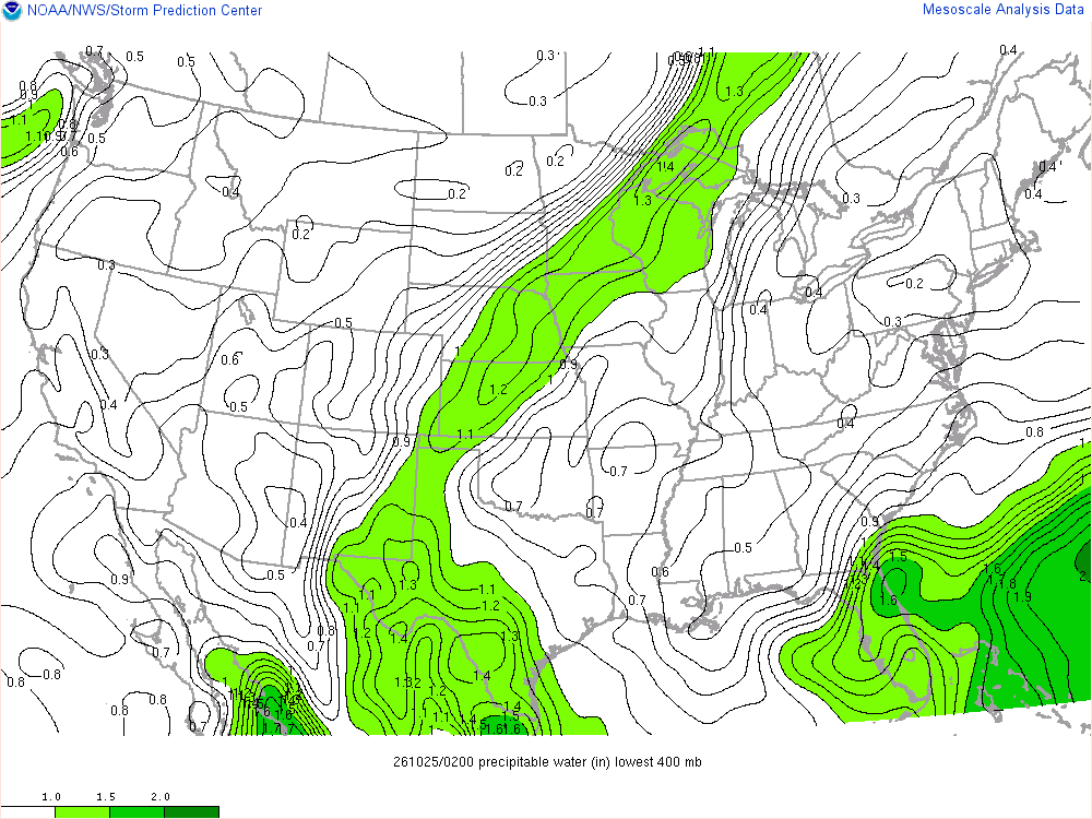 SPC mesoanalysis map, Precipitable water, lower 48, analysis for 02Z. Its key and units are in SPC’s picture; what it shows is described beside it.