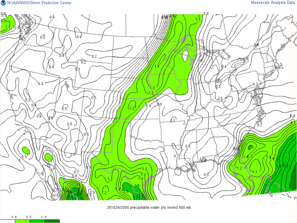 SPC mesoanalysis map, Precipitable water, lower 48, analysis for 20Z. Its key and units are in SPC’s picture; what it shows is described beside it.