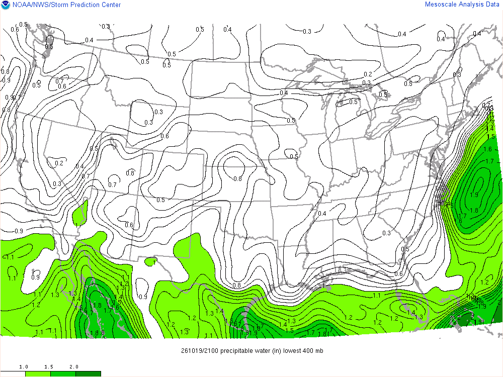SPC mesoanalysis map, Precipitable water, lower 48, analysis for 21Z. Its key and units are in SPC’s picture; what it shows is described beside it.