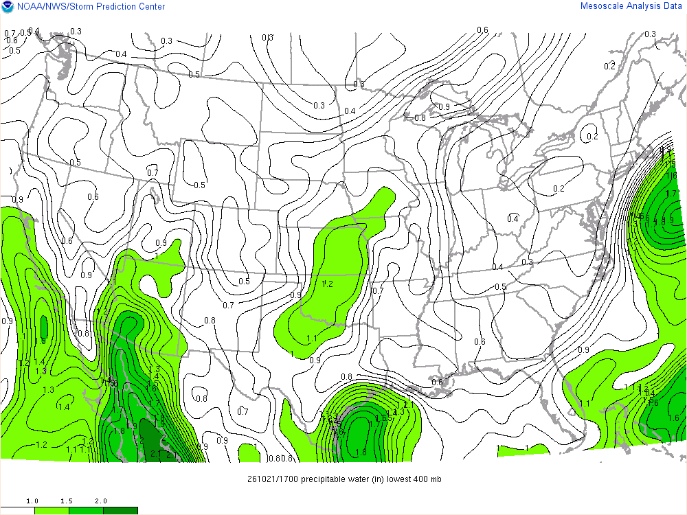 SPC mesoanalysis map, Precipitable water, lower 48, analysis for 17Z. Its key and units are in SPC’s picture; what it shows is described beside it.