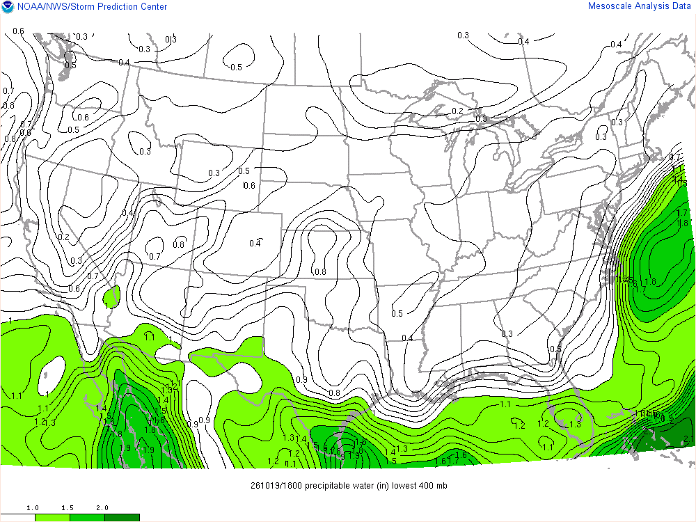 SPC mesoanalysis map, Precipitable water, lower 48, analysis for 18Z. Its key and units are in SPC’s picture; what it shows is described beside it.
