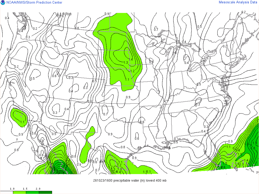 SPC mesoanalysis map, Precipitable water, lower 48, analysis for 16Z. Its key and units are in SPC’s picture; what it shows is described beside it.