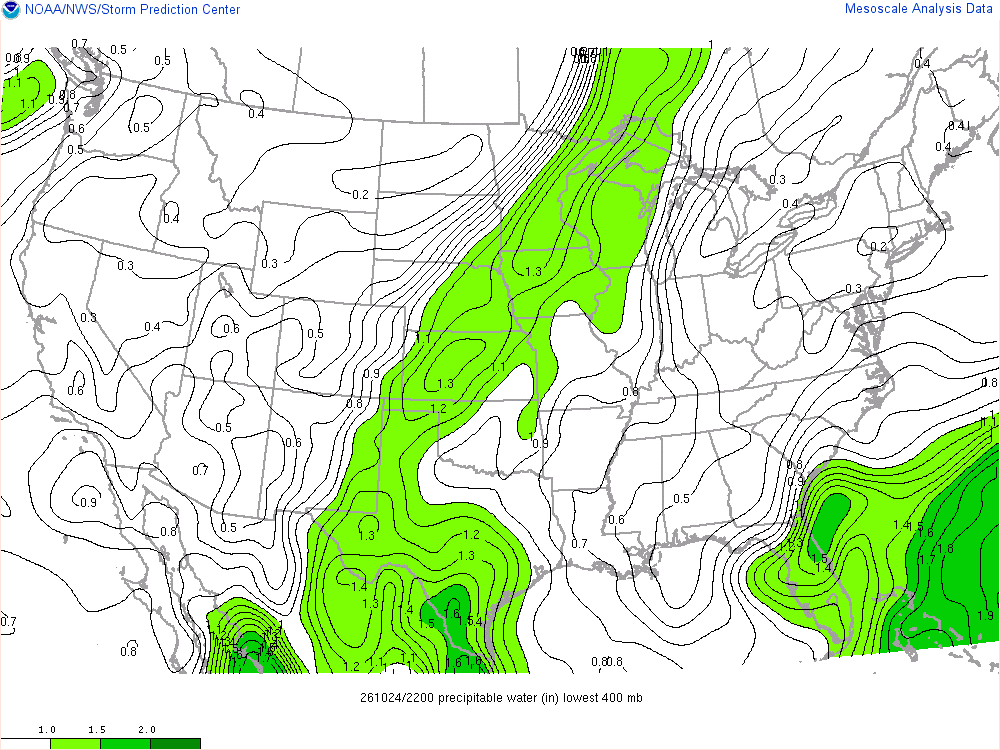 SPC mesoanalysis map, Precipitable water, lower 48, analysis for 22Z. Its key and units are in SPC’s picture; what it shows is described beside it.